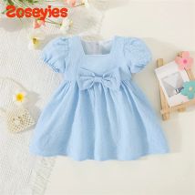 Sommerkleid für Babys, einfarbig, Rundhalsausschnitt, Schleife für Damen, Alltagskleidung, knielang