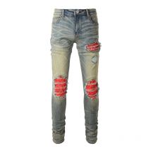 Men Cracked Patch Stretch Denim Jeans Streetwear Holes Ripped Distressed Patchwork Pants Vintage Skinny Tapered Trousers