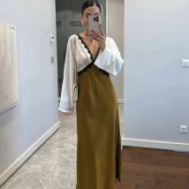 Ticketsx Langes Kleid mit V-Ausschnitt, Spitze, Patchwork, Herbst, Kontrastfarbe, halbe Ärmel, schmales A-Linien-Kleid, modische Pendler-Outfits für Damen
