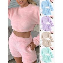 Casual Rosa Damen Komfort Hause Tragen Plüsch Anzug Rundhals Volle Hülse Sweatshirts Crop Top + Shorts Trainingsanzug 2 Pcs frauen Kleidung