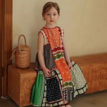 Mädchen kleid Sommer Kindermode Rundhals ausschnitt ärmelloses geometrisches mehrfarbiges Kleid bequemes Freizeit kleid
