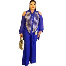 Afrikanische Kleidung für Frauen Sommer Elegante Afrikanische Frauen Langarm Blau Gelb Rot Weiß 2 stücke Sets Top Lange Hose Passenden sets