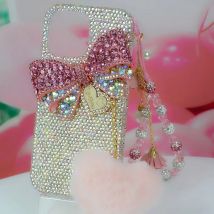 Crystal Diamond Bow Heart Fur Strap Phone Case For iPhone 16 17 Air 15 14 13 12 11 Pro Plus Max Samsung Galaxy S24 S26 S25 Ultra