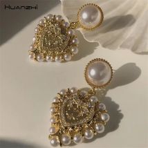 HUANZHI 2020 Vintage Barocke Perle Große Liebe Herz Tropfen Ohrringe Gold Farbe Metall Geometrische Für Frauen Mädchen Party Reise Schmuck