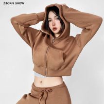 Herbst Winter Harajuku ZIP UP Mit Kapuze Pullover Sweatshirt Frauen Drop Volle Hülse Gestellte Kurze Casual Jumper Raum Baumwolle Sweats