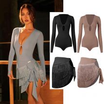 ZYM Latin Dance Clothes Autumn Winter Women Long Sleeves Leotards Tassel Straps Skirt Practice Clothing Black Dress DNV25535