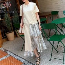 Plus Größe 5XL frauen Sommer Floral Patchwork T-Shirt Kleid Asymmetrische Druck Dame Vestido Weibliche Robe KE3395