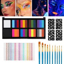 26-Farben-UV-fluoreszierendes Gesichts- und Körperbemalungsset, mit Pinsel, Tattoo-Vorlage und 1 Gesichts-Edelstein-Aufkleber, für Halloween-Körperbemalungs-Make-up