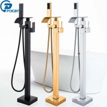 Rubinetto per vasca da bagno con montaggio a pavimento cromato, beccuccio girevole a cascata, gru da bagno libera, miscelatore per vasca da bagno nero