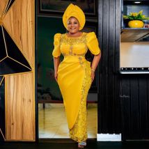 Nigerian ische goldgelbe formelle Ballkleider Frauen lange Perlen Spitze afrikanische Hochzeits feier Kleid plus Größe Asoebi Abendkleider