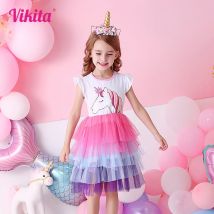 VIKITA Mädchen Tutu Kleid Kleinkinder Sommer Flare Hülse Prinzessin Kleider Mädchen Einhorn Cartoon Party Layered Kleid Kinder Kleidung
