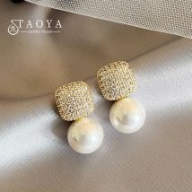 Luxury Shiny Micro Set Zircon Gold Color Square Metal Pearl Pendant Earrings 2025 New Jewelry Party Women's Fashion Accessories