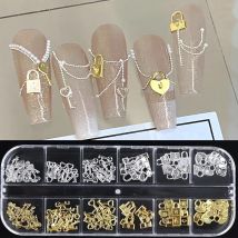 12 Gitter Gold Silber Metall Schloss Schlüssel Nagel Dekoration Teile Liebe Herz Charms Schmuck DIY Valentinstag Maniküre Zubehör Flocken