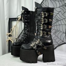 Metall Fledermaus Schnalle Punk Plattform Mittlere Waden Stiefel Frauen Kreuz Gebunden Dicken Sohlen Chunky Heel Lange Stiefel Neue Hotties Gothic stiefel 12 cm
