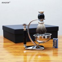 iRAZOR Herren-Rasierset, Doppelkanten-Sicherheitsrasierer, 10-Klingen-Nachfüllungen, weiche Bürste aus reinem Dachshaar, Rasierständer und Lederschale