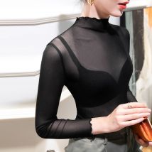 Frauen Rosa Rot Lila Schwarz Blau Grau Weiß T Shirt Transparent Mesh T-Shirt Sexy Club Party Dünne Weibliche Bluse Langarm Tops