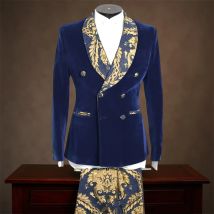 Zweireihiger Samtanzug für Herren, Bräutigam, Hochzeit, Smoking, 2-teiliges Blumen-Set, formelles Outfit, modische Anzugjacke mit Hose
