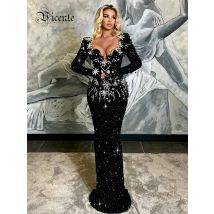 VC Schwarzes Pailletten-langes Kleid mit herzförmigem Ausschnitt, ausgehöhlt, tief ausgeschnitten, lange Ärmel, Diamant-Blumendetails, figurbetontes Abendkleid