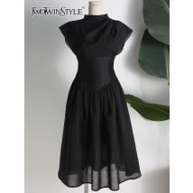 Two twinstyle schiere geraffte schlanke Kleid für Frauen Rundhals ausschnitt Kurzarm geraffte Taille schlanke Midi Kleider weiblichen Modestil neu