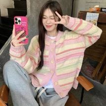 Herbst Gestreifte Strickjacke Frauen Süße Faul Wind O Hals Langarm Chic Pullover Koreanische Lose Beiläufige Alle Spiel Mode Neue Tops