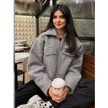 2024 Damen-Kurzjacke, Vintage-Stil, graue Oberbekleidung, langärmelig, mit Tasche, Reißverschluss, Kunstpelzmantel, modische Damenbekleidung