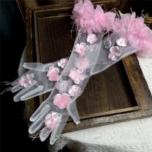 Damen elegante Blumen feder lange Netz handschuh weibliche Frühling Sommer Vintage Sonnenschutz fahren Foto Party Handschuh r2117