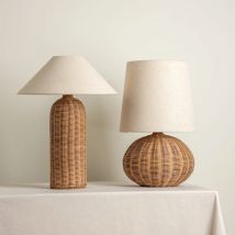 SANDYHA Japanese Rattan Desk Lamp Fabric Lampshade Warm LED Light Living Room Bedroom Study Home Decor