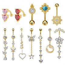 Goldener Bauchnabelring, 14 g, lange baumelnde Blume, Herz, Kristall, Bauchnabelpiercing, Nombril, Edelstahl, Nabelring, Schmuck für Damen