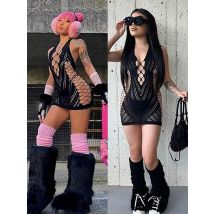 Transparent Lace Short Dress Backless Hollow Halter Nightgown Sexy Women's Pajamas Nightwear Nightdress Party Club Mini Dresses