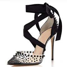 Sexy schwarze Nieten Spikes High Heels Schnürschuhe klar PVC transparent spitze Zehen Banketts chuhe besetzt Party Schuhe Größe 42