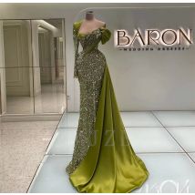 Abiti da sera sauditi con paillettes verdi Abiti da cerimonia di lusso con maniche lunghe monospalla Abiti da cerimonia da ballo formali da donna arabi personalizzati