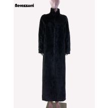 Nerazzurri Winter Extra Long Black Fluffy Thick Warm Soft Faux Rex Rabbit Fur Coat Women Stand Collar Sashes Maxi Furry Overcoat