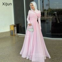 Xijun bescheidene rosa Chiffon-Abendkleider, muslimische marokkanische Kaftan-Abschlussballkleider, Dubai, A-Linie, bodenlange Ballkleider, individuell gestaltet