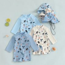 Tregren 0–3 Jahre Kinder Jungen Langarm Bademode Casual Marine Animal Print Reißverschluss Rash Guard Badeanzug und Hut Beachwear Badeanzug