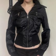 Women Faux Leather Jackets Solid Short Coat Zipper Pocket Turn Down Collar Long Sleeve Waist Cinched Slim Streetwear 2025 Autumn