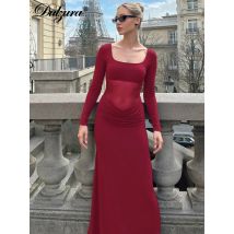 Dulzura Herbst Mode Sexy Quadrat Kragen Langarm Geraffte Mesh Patchwork Lange Kleid Frauen Solide Elegante Kleidung Party Club