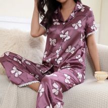 Damen-Pyjama aus Satin mit Blumendruck, kurzärmelig, Knöpfe, Revers, Oberteile und Hosen, Nachtwäsche, Loungewear, 2-teilige, bequeme Heimkleidung