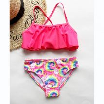 Lächeln Gesicht Druck Rüschen Deco Kind Mädchen Kinder Bikini Set Sommer Outdoor Urlaub Kontrast Farbe Strand Kleidung Mädchen Kinder Bademode