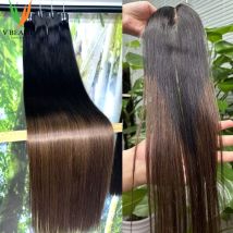 V Beauty 1BT4 Echthaar-Bündel, Ombre-Braun, Honig, rohes vietnamesisches Haarbündel und frontaler gerader Verschluss, 2 x 6 HD-Spitze, 50,8 cm