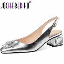 【JOCHEBED HU】Frühling Sommer Damen Pumps Prägnante Mode Karree Low Heels Echtes Leder Slingpumps Sandalen Schuhe 34-43
