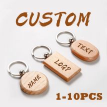 1-10Pcs Custom Wooden Keychain Laser Engraved Tags Beech Wood Round Rectangular Personalized Logo Gift Retro Key Tags