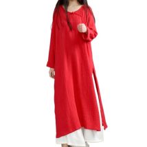 2026 Herbst Damenkleider im chinesischen Stil aus Baumwolle, Langarm O-Ausschnitt Baumwoll-Leinen Maxikleid, Frühling Langes Kleid Feminino Vestido