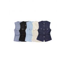 Gilet da donna in tweed con cintura, scollo a O, senza maniche, bottone frontale, capispalla femminile, top chic, moda
