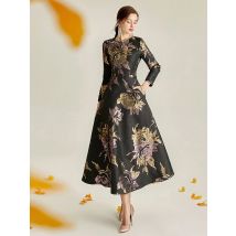 DEVCHATA Luxus Frauen Lange Maxi Jacquard Kleid Boho Floral Mode Kleidung Damen Party Abendkleid Vintage Vestidos