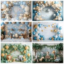 Newborn Baby First Birthday Backdrop Balloons Baby Shower Safari Jungle Animals Cake Smash Party Photographic Background Decor