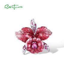 SANTUZZA Brosche aus reinem 925er-Sterlingsilber für Damen, funkelnd, rosa Saphir, rote Blume, edler Schmuck, handgefertigte Emaille