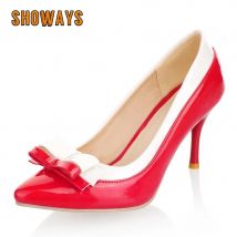 Große Größe Süße Bowtie Frauen Pumpen Schwarz Rot Gemischte Farbe Patent Leder Hohe Dünne Fersen Spitz Party Kleid Büro Dame Schuhe