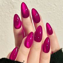 30pcs Rose Red Cat Eye False Nails Satin Gloss Short Almond Press On Fake Nails Reusable Wearable Full Cover Acrylic Nail Tips