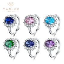 Anello di fidanzamento a forma di fiore multicolore YANLOK ovale in argento Sterling 925 5A con zirconi cubici per regalo di gioielleria raffinata da donna