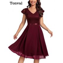 Tonval V-Neck High Waist Vintage Style Birthday Party Dresses Ruffle Sleeve Women Pleated Evening Elegant Lace Dress